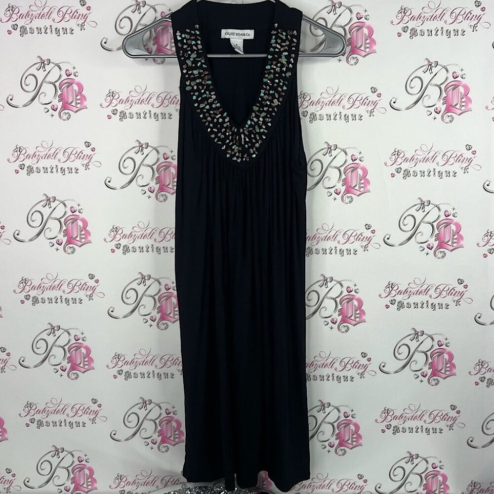 Cruise wear & co dress healing crystal Elegant Black Midi Beaded Neckline